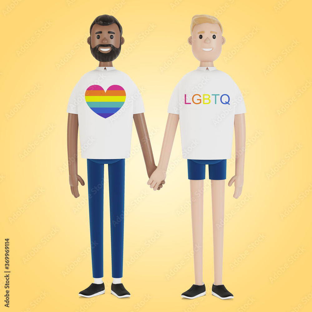 Two men in LGBT T-shirts are holding hands. LGBT community. 3D illustration in cartoon style.