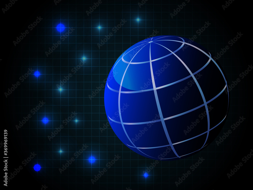 Stylish geographic background with a globe and glowing dots .Vector graphic on a dark blue geometric background. Stylish geographic background with a globe and glowing dots .Vector graphic on a dark blue geometric background.