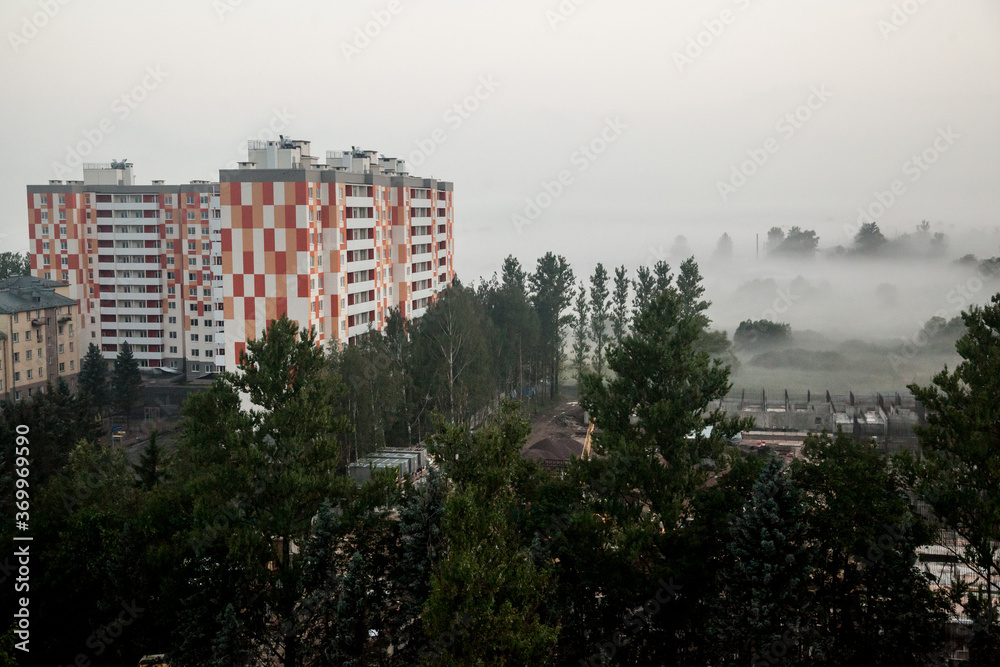 Foggy morning in a residential area of St. Petersburg