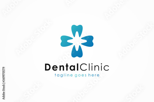 Dental Clinic Logo. Blue Shape Cross Sign with Tooth Symbol Combination isolated on White Background. Usable for Dentist, Healthcare and Medical Logos. Flat Vector Logo Design Template Element