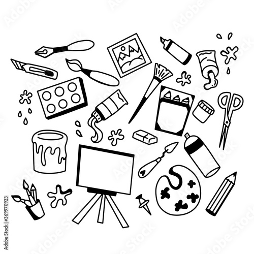 Set of artist's doodles, brushes, paints, pencils and easel on a white background. The linear vector flat illustration.