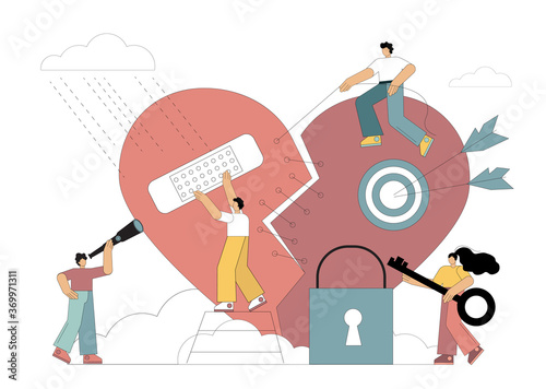 Vector illustration of a broken heart. People repair their hearts, grief, breakdowns, loneliness, resentment. Flat style.