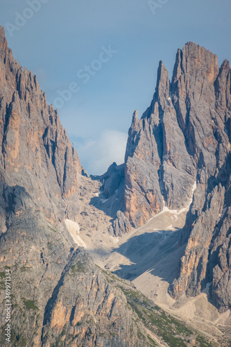 Close-up of cirque of Sassolungo - Langkofelkar with mountain hut in summer.