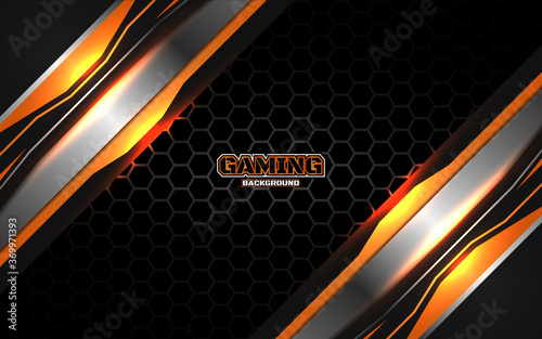 Abstract futuristic black and orange gaming background with modern esport shapes. Vector design template technology concept can use element game banner, sport poster, cyber wallpaper, web streaming