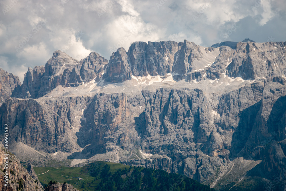 Close-up of Sella group mountains in summer.