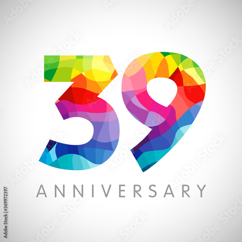 39th anniversary numbers. 39 years old logotype. Bright congrats. Isolated abstract graphic design template. Creative 3, 9 sign 3D digits. Up to 39%, -39% percent off discount. Congratulation concept. photo