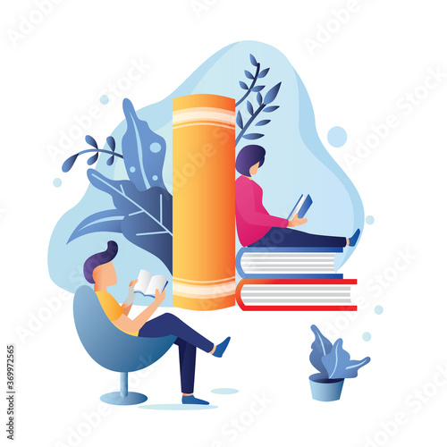 Man and women reading book illustration template in flat style design, world book day, Collection of people reading or students studying, Set of book lovers, readers, modern literature fans