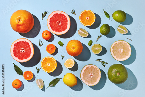 Top shot of pattern of ripe citrus summer composition of whole a photo