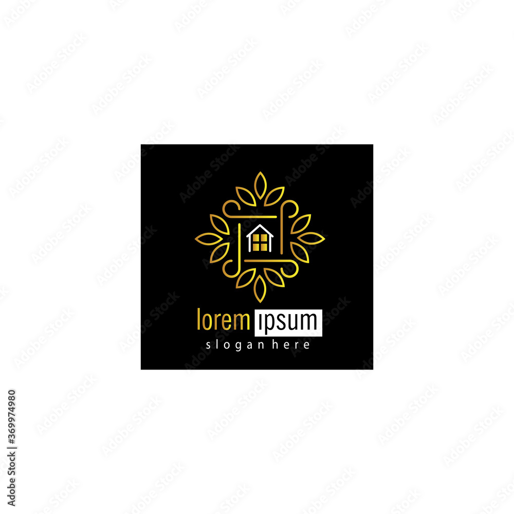 Black background floral outline logo emblem home decoration design, vector template