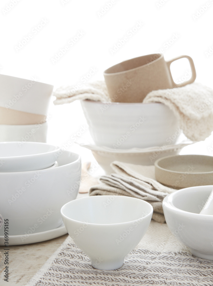 Various dishes on white wood surface Various dishes on white wood surface