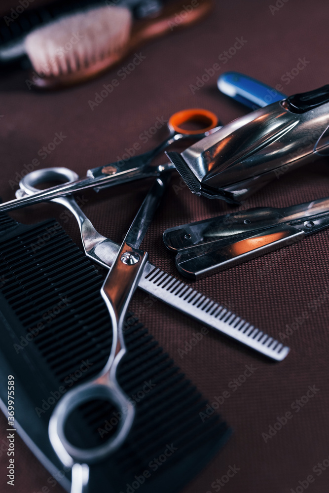 Fototapeta premium Close up view of vintage barber shop tools that lying down on the table