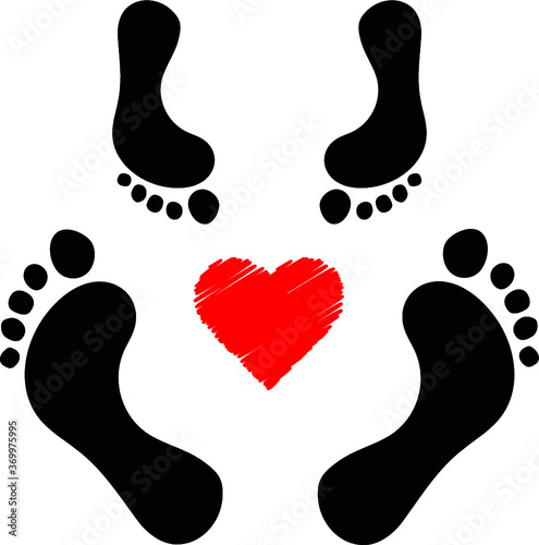 foot prints and heart love on white background