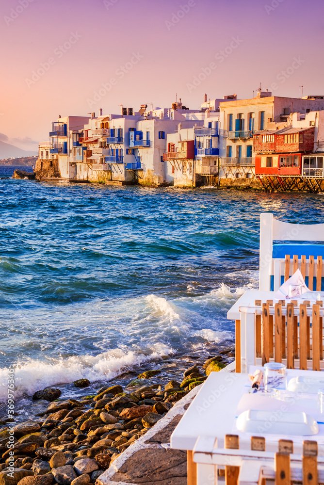Mykonos, Greece and Little Venice with greek tavern