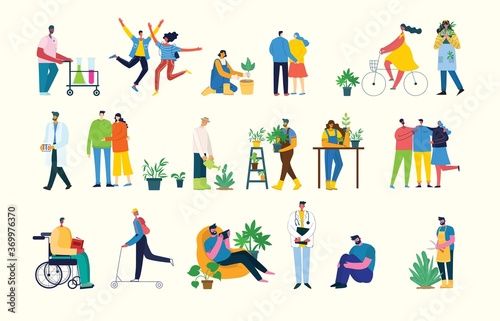 Vector illustration background in flat design of group people doing different activity