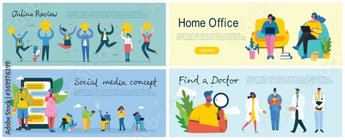 Online review, Home office, Social media and Find a doctor concept illustration in flat and clean design. Men and women use laptop and tablet in the flat design.