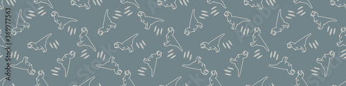 Seamless background cute Carnotaurus and foliage dinosaur gender neutral baby border pattern. Simple whimsical minimal earthy 2 tone color. Kids nursery decor edging fashion ribbon trim.
