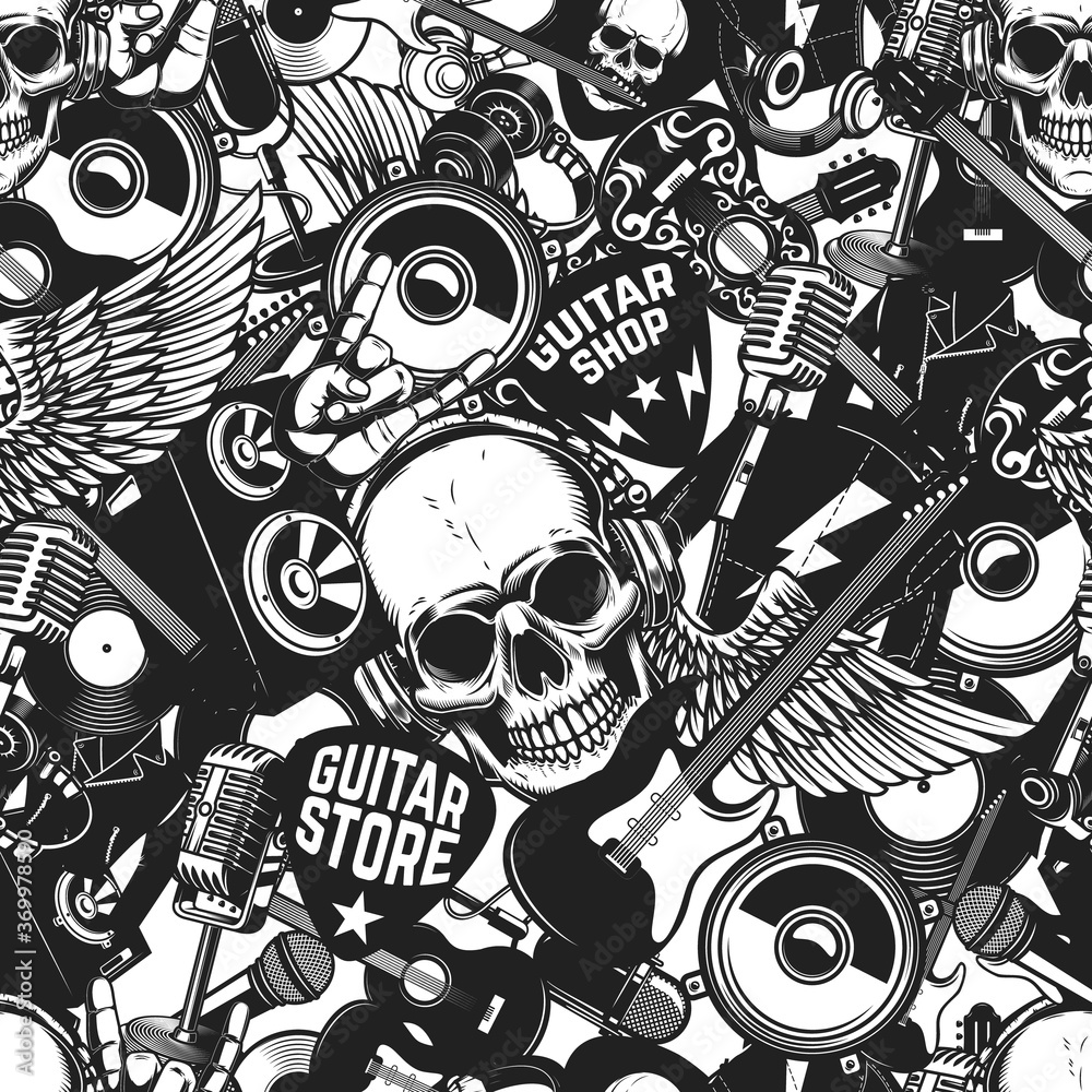 Seamless pattern with rock and roll music elements in monochrome style. Design element for poster, card, banner. Vector illustration
