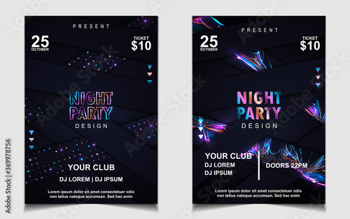 Night dance party electro music poster layout design template background with elegant style. Neon light colorful style vector for concert disco, club party, event flyer invitation, cover festival