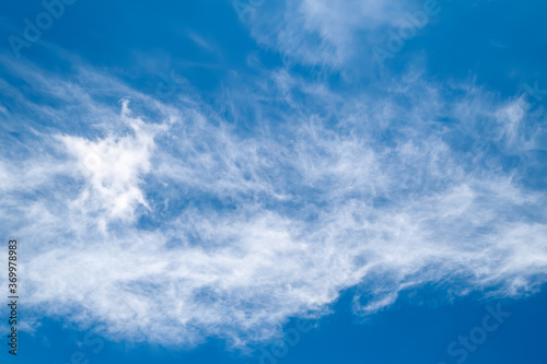 Cloudy sky in windy weather. White clouds against the blue sky. Natural landscape background.
