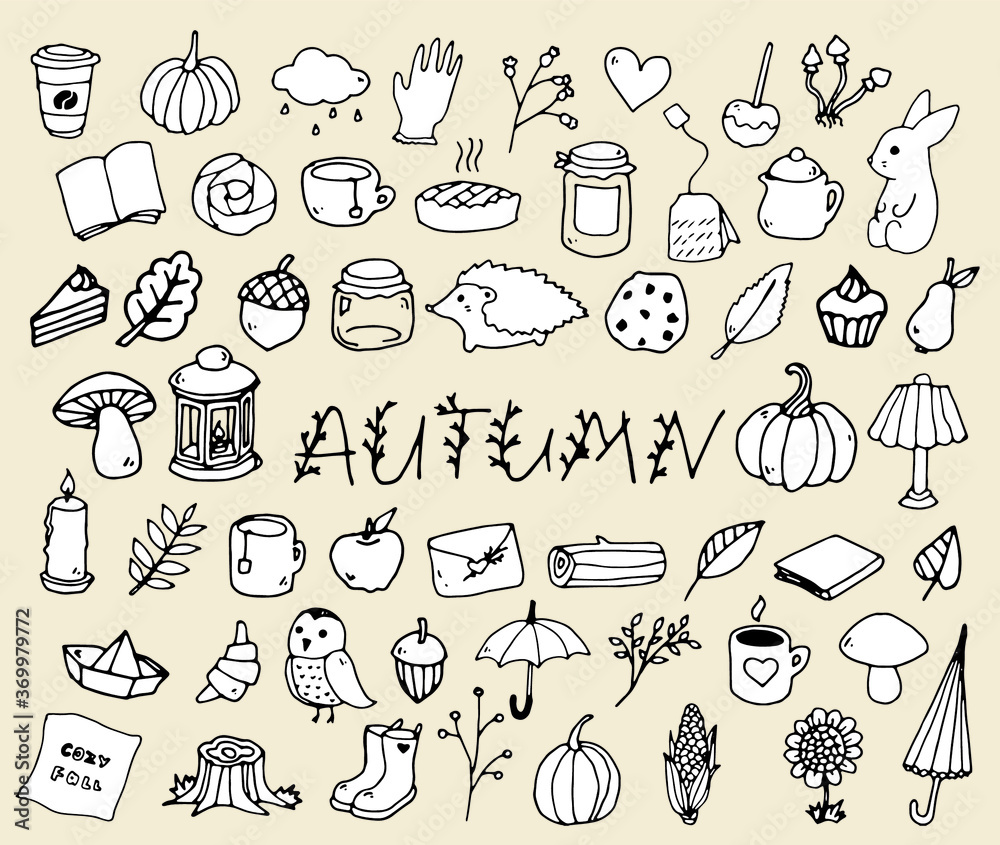 Autumn doodle collection, vector isolated hand drawn elements for postcard design and other decorations.