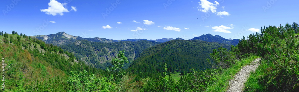 wide angle panorama of bavarian mountains, close to halserspitz, wildbad kreuth, tegernsee, 