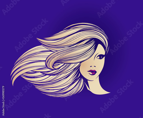 Woman with long, wavy hairstyle and elegant makeup.Hair salon, beauty studio, cosmetics and spa logo.Young beautiful lady portrait.Cute blonde girl face.Vector illustration.