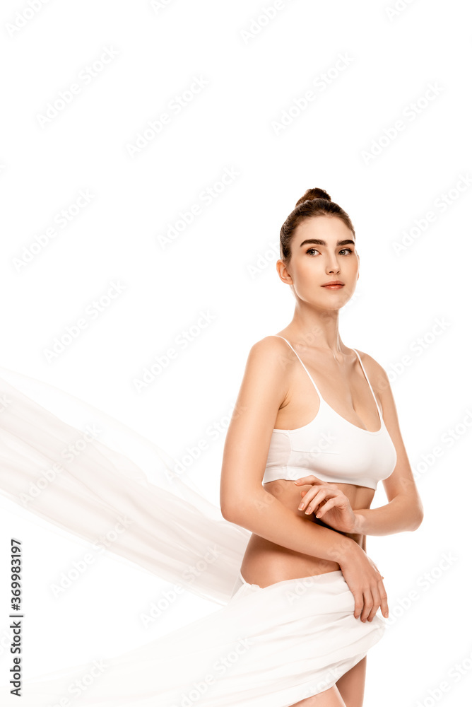 young woman in top covered with chiffon cloth looking away isolated on white young woman in top covered with chiffon cloth looking away isolated on white