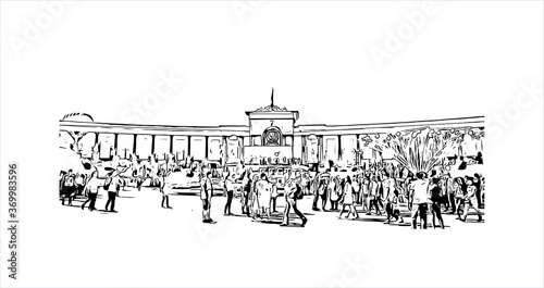 Building view with landmark of Almaty, Kazakhstan's largest metropolis, is set in the foothills of the Trans-Ili Alatau mountains. Hand drawn sketch illustration in vector.