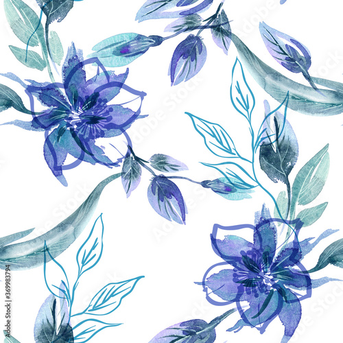 Floral Seamless Pattern on Abstract Background. Hand Painted Illustration.