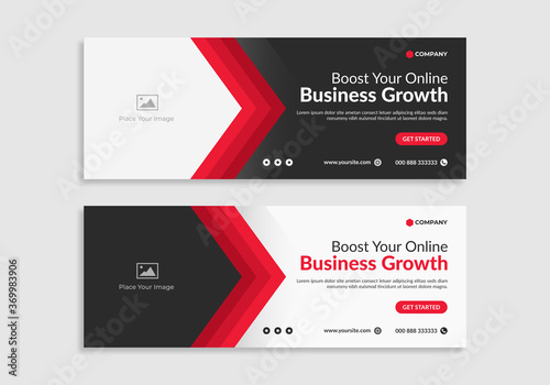 Geometric shape corporate banner or cover template in black, white & red. Professional & promotional business web banner design. Vector banner or cover design.