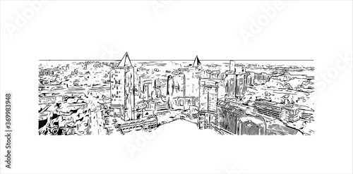 Building view with landmark of Almaty, Kazakhstan's largest metropolis, is set in the foothills of the Trans-Ili Alatau mountains. Hand drawn sketch illustration in vector.