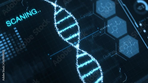 Motion graphic of Detailed digital interface of futuristic DNA analysis process.Light blue futuristic DNA User Interface,Digital screen,Medical HUD and DNA laboratory research display