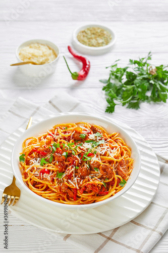 spaghetti with pork ragout, tomatoes, veggies, spices