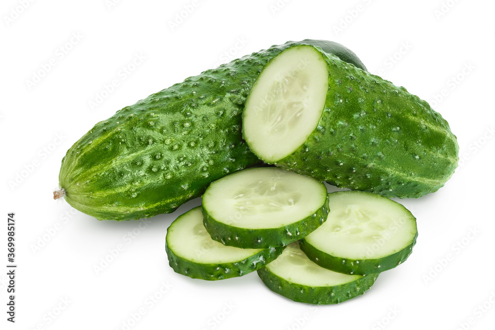 Sliced cucumber isolated on white background with clipping path and full depth of field, Sliced cucumber isolated on white background with clipping path and full depth of field,
