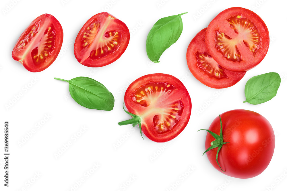 Tomato slices with basil leaf isolated on white background. Clipping path. Top view with copy space for your text. Flat lay Tomato slices with basil leaf isolated on white background. Clipping path. Top view with copy space for your text. Flat lay
