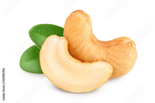 Roasted Cashew nuts with leaf isolated on white background with clipping path and full depth of field. photo