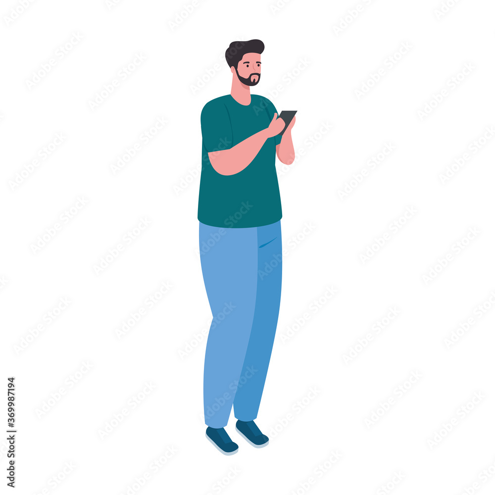 man using smartphone, social media and communication technology concept vector illustration design