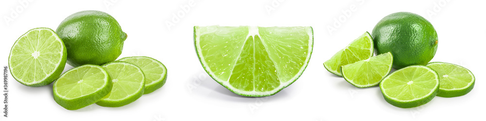 lime with half and leaf isolated on white background. Set or collection lime with half and leaf isolated on white background. Set or collection