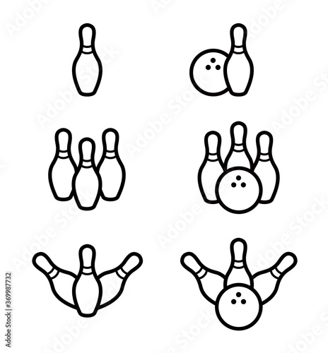 Vector set of bowling. Sport icons set. Bowling game. Bowling ball and pin icon. Simple icon skittles with ball. Logo template. Bowling club, tournaments. Vector icon. Transparent background.
