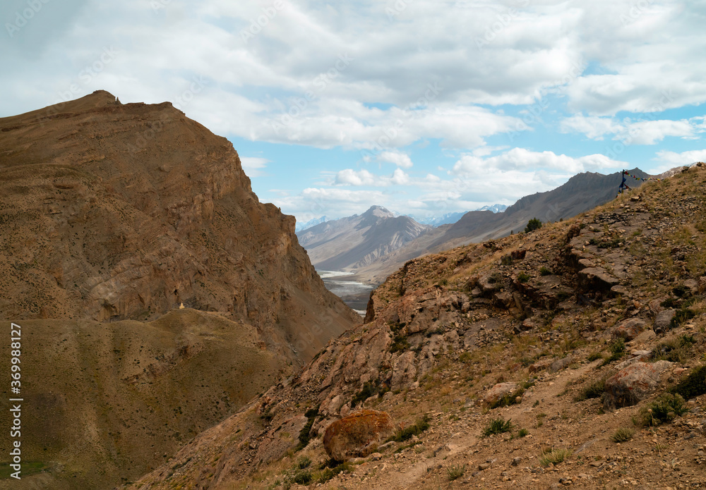 View across Himalayas and Spiti river in distance, Himachal Pradesh, India.