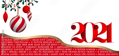 2021 - Carte de vœux multilingues décorées de gui et de boules de Noël rouge sur fond blanc - traduction de texte: bonne année.