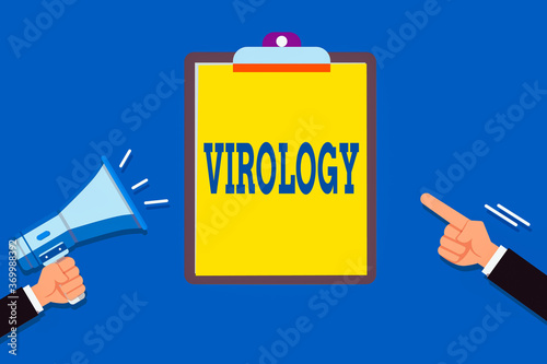 Text sign showing Virology. Business photo text branch of science dealing with the variety of viral agents and disease Two Hu analysis Hands Holding Megaphone another Pointing to a Blank Clipboard photo