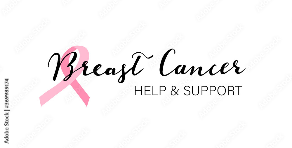 Breast Cancer help and support hand lettering with pink ribbon vector 