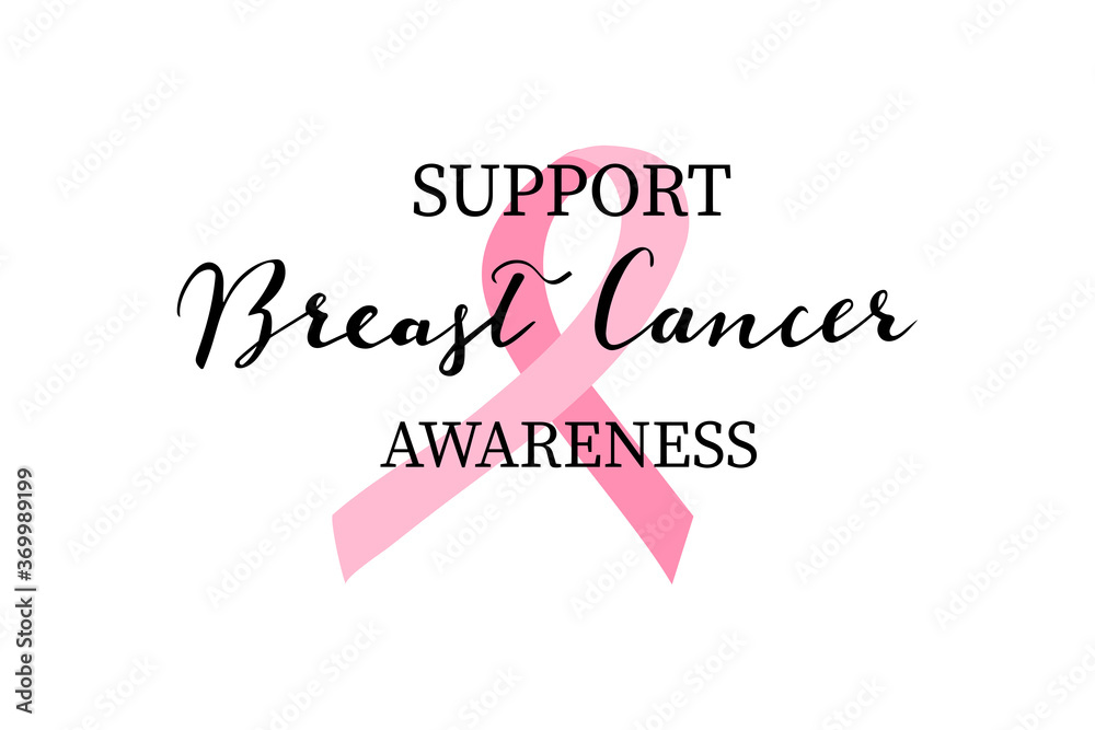 Fototapeta premium Support Breast Cancer Awareness hand lettering with pink ribbon vector 