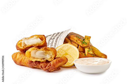Fish and chips on white background