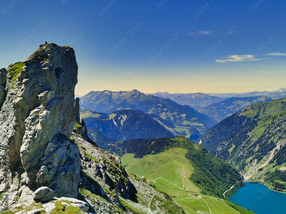 Superb view of a mountain lake in the french alps. 