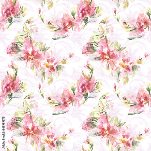 Peonies Seamless Pattern. Watercolor Background. Hand Painted Illustration.
