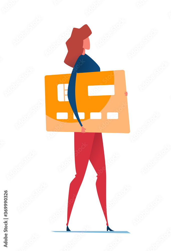 Woman holding a big guant credit card. Human character on white background. Vector illustration. Woman holding a big guant credit card. Human character on white background. Vector illustration.