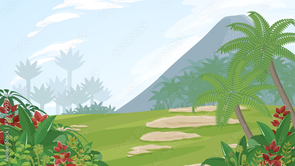 恐竜時代の植物のある風景 ジュラ紀白亜紀 背景イラスト 16 9 Stock ベクター Adobe Stock