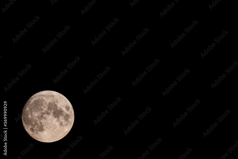 Fototapeta premium Beautiful full Moon of August, August's Sturgeon Supermoon in a summer night. Moon below, on the left side and empty space on the right side for writing 